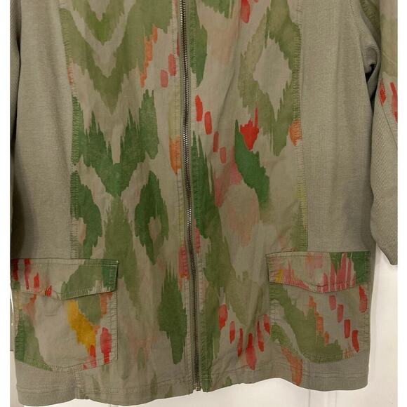 CHICO’S ZENERGY NWT Ikat Print Olive Green & Khaki Utility Jacket Size 3 (16-18) - Picture 7 of 15